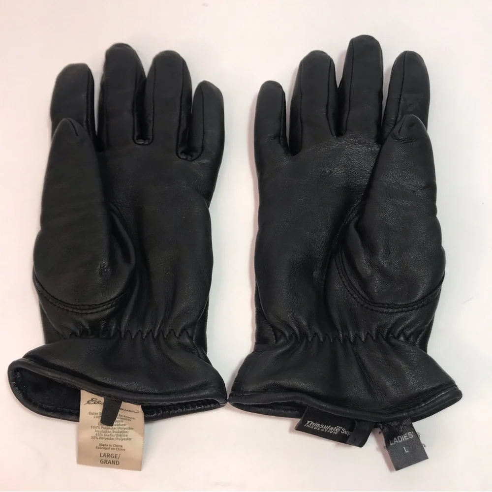 Eddie Bauer Black Leather Fleece Lined Gloves Size L